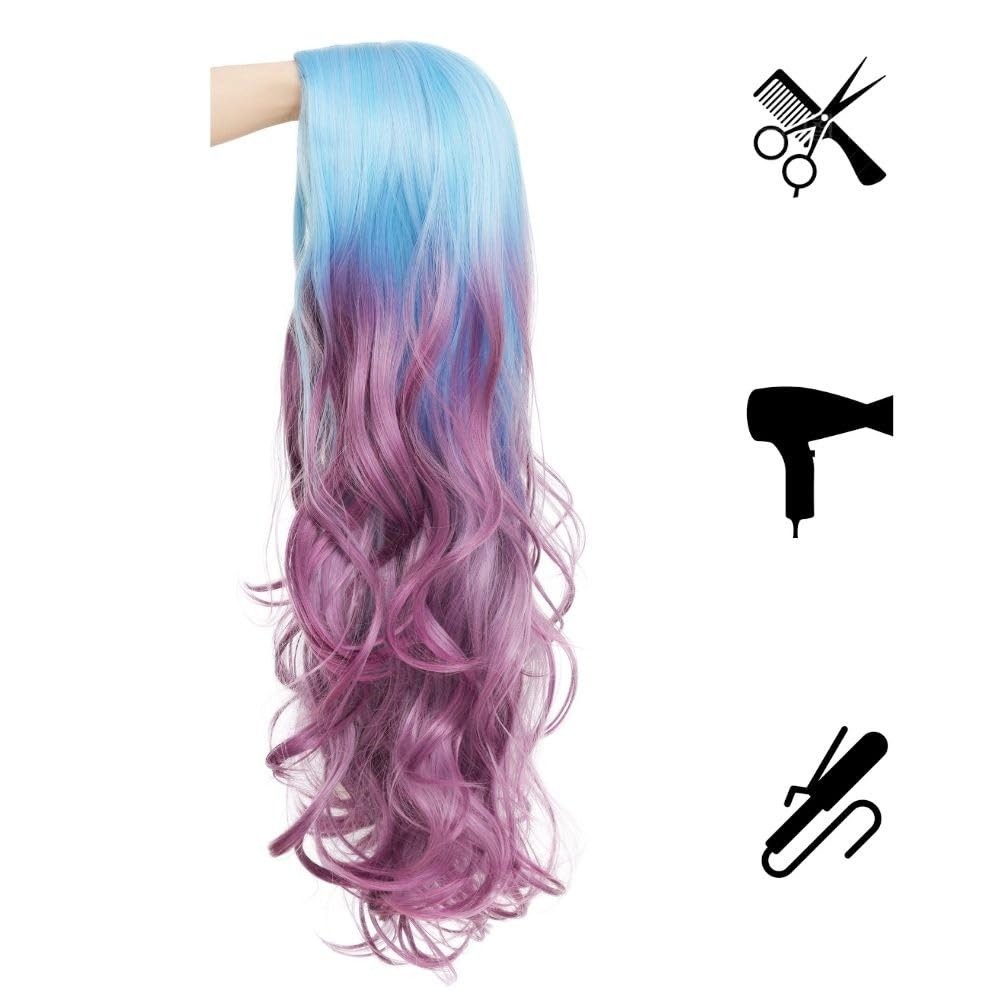 Long Curly Wave Ombre Purple Wig for Women Blue To Purple Hair Wigs Middle Pa…