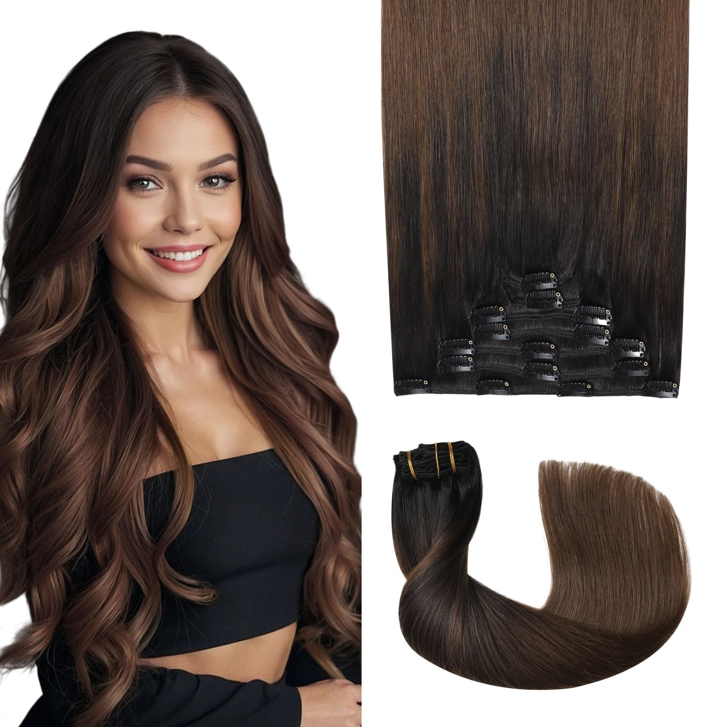 22″ Clip-In Real Human Hair Extensions 7pcs #1BT4 Natural Black to Brown 120g