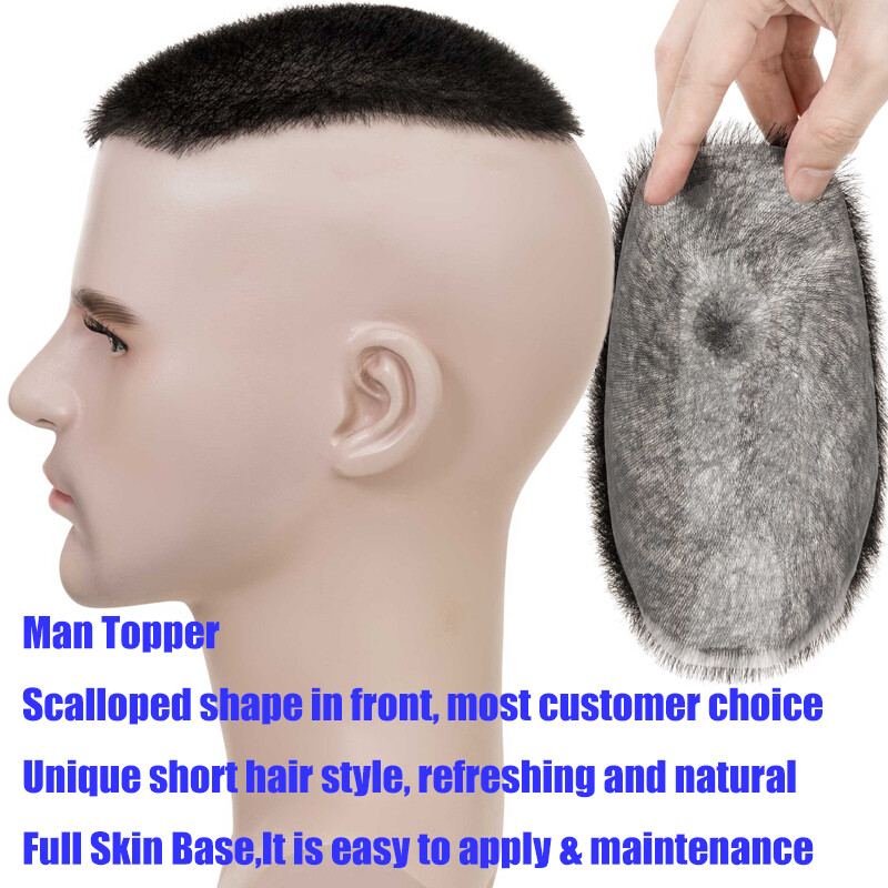 Mens Toupee Hairpiece PU Remy Hair System Replacement Buzz Cut Short Hair Wigs L