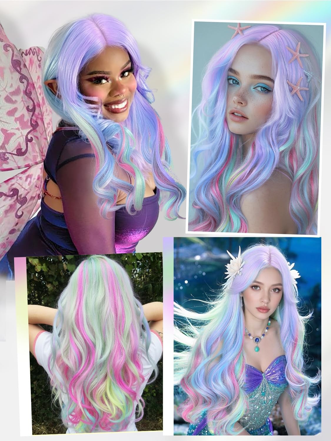 Long Rainbow Color Wavy Hair Dreamy Unicorn Color Wigs Multi-Color Pastel Col…