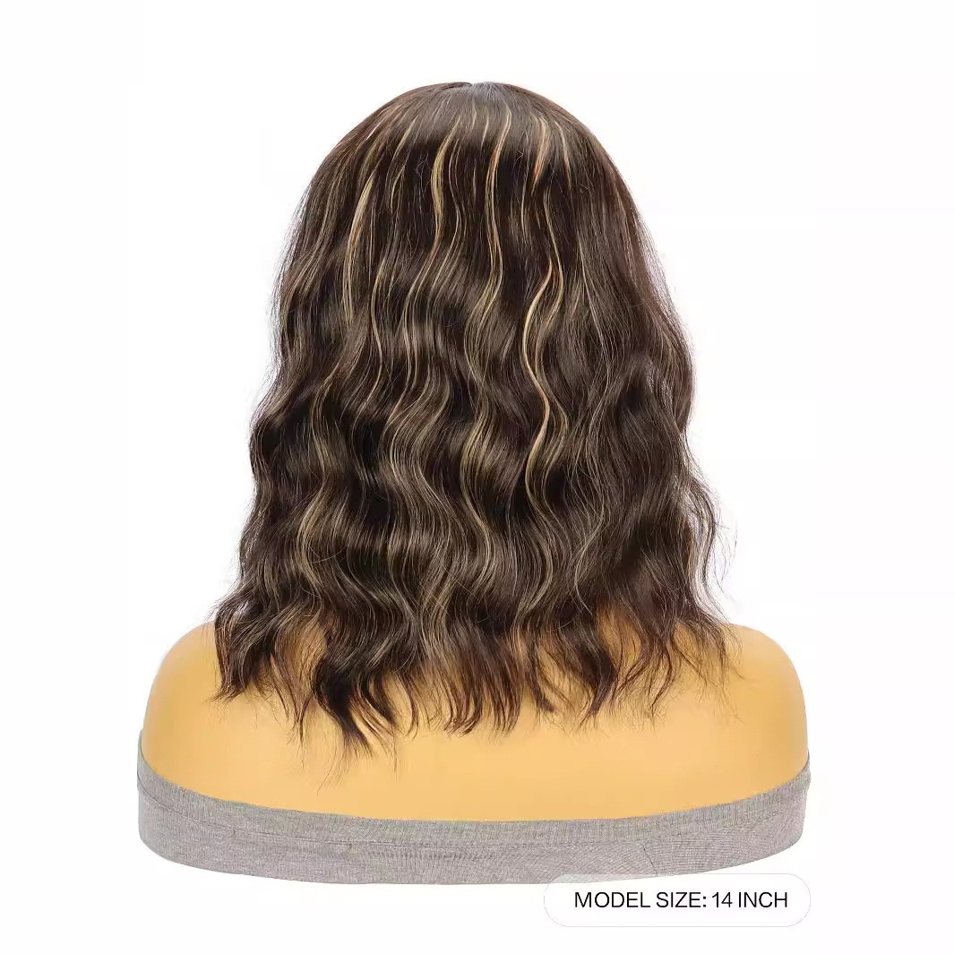 Brown Highlight Short Water Wave Curly Small Lace Synthetic Wig Heat Resistant