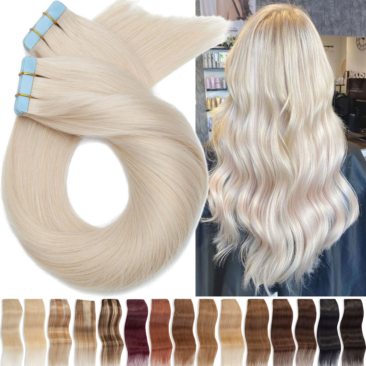 10-80PCS Invisible Tape In Skin Weft Real Remy Human Hair Extensions Thick Blond