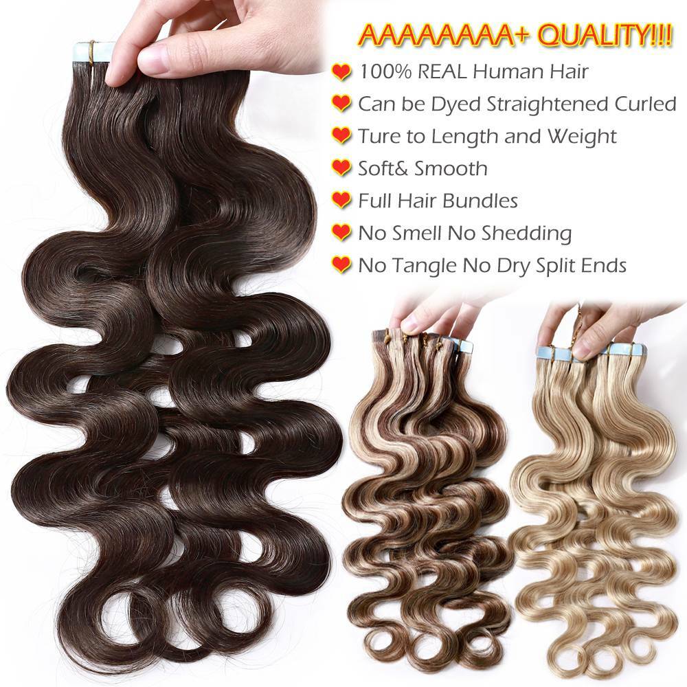 Tape In Balayage Skin Weft Remy Real Human Hair Extensions Full Head 200g WAVY