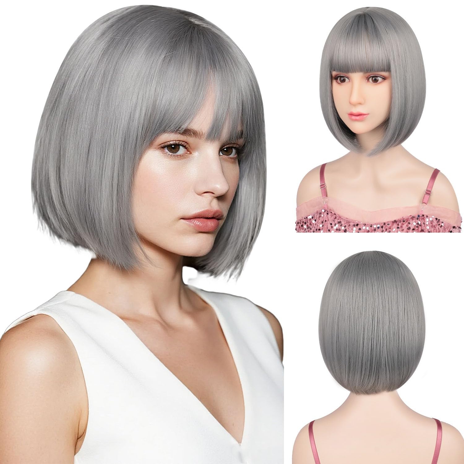 SW07 Gray Bob Wig Short 12″ women soft bangs easy to wear Colorful synthetic