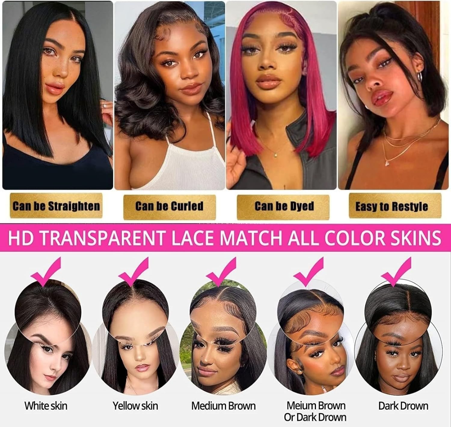 Body Short Bob HD Front Wig Hair Wigs Beauty Transparent Wig Gift Synthetic Hair