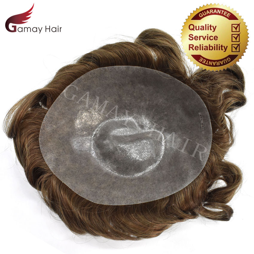 Full PU Mens Toupee Durable Poly Invisible Thin Skin Human Hairpiece Wig PAPY