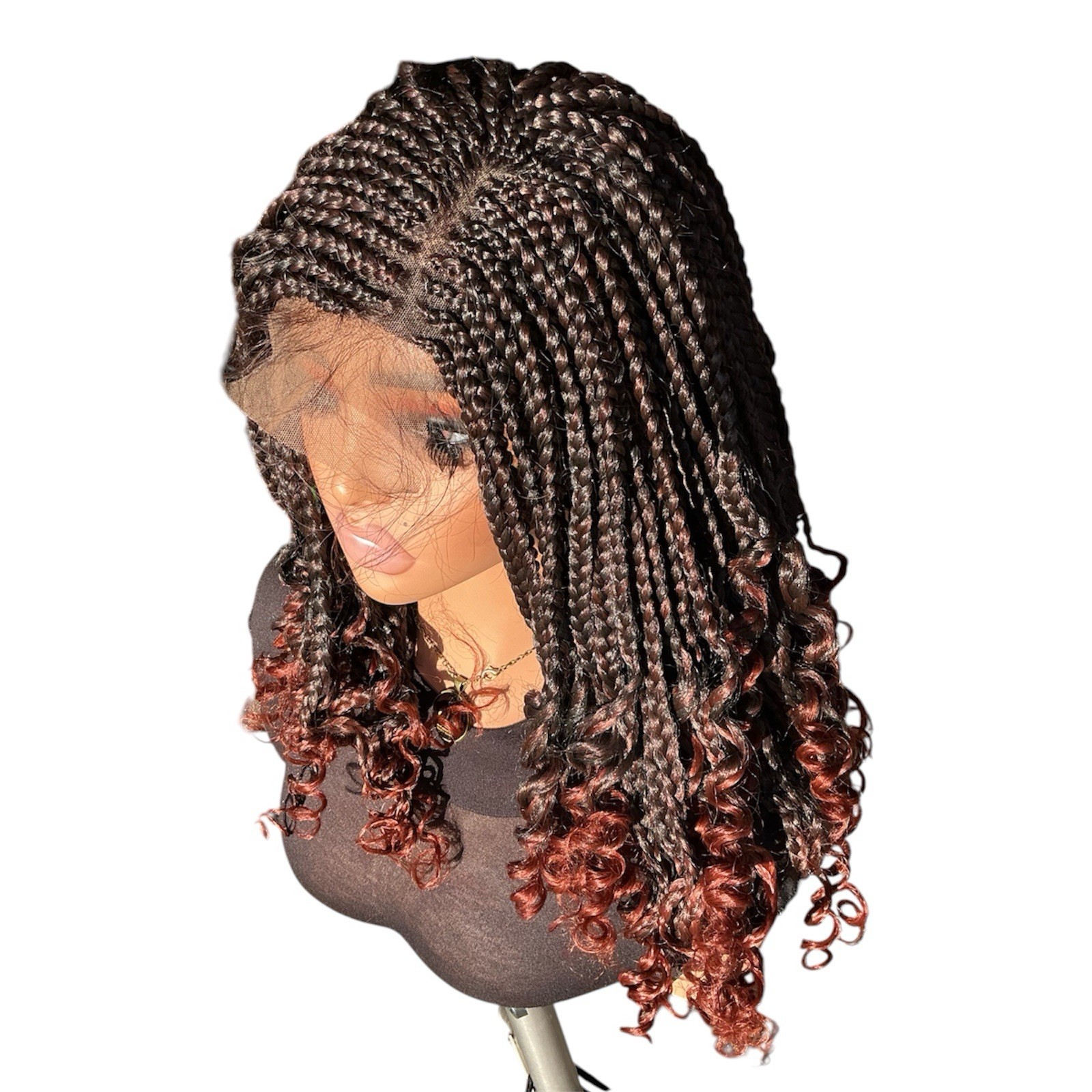 Handmade 4×4 Lace Cornrow Braided Wig – Brown Ombre with Curly Ends
