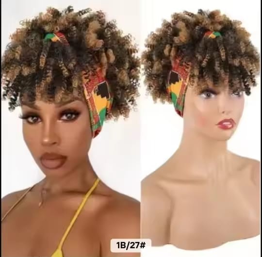 Women’s 6-Inch Short Kinky Coil Headband Wig, African Print Adjustable Headband