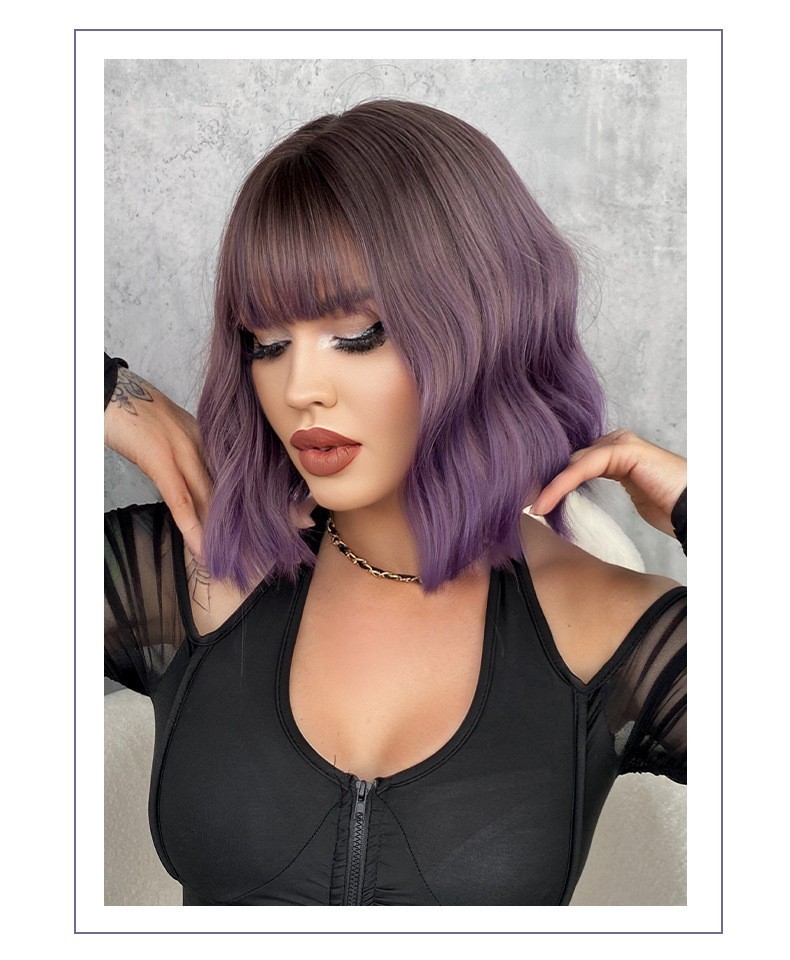 10-inch purple Bob short wavy curly wig with wave patterns