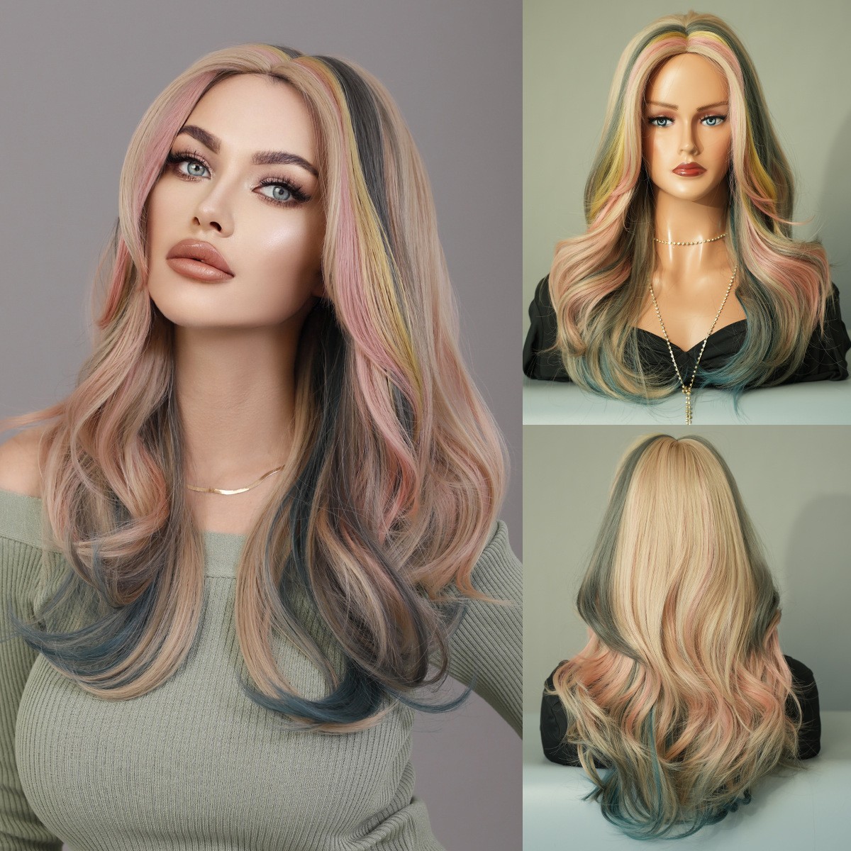 Multi Color Optional Middle Part Highlight Long Curly Wig Body Wave Synthetic