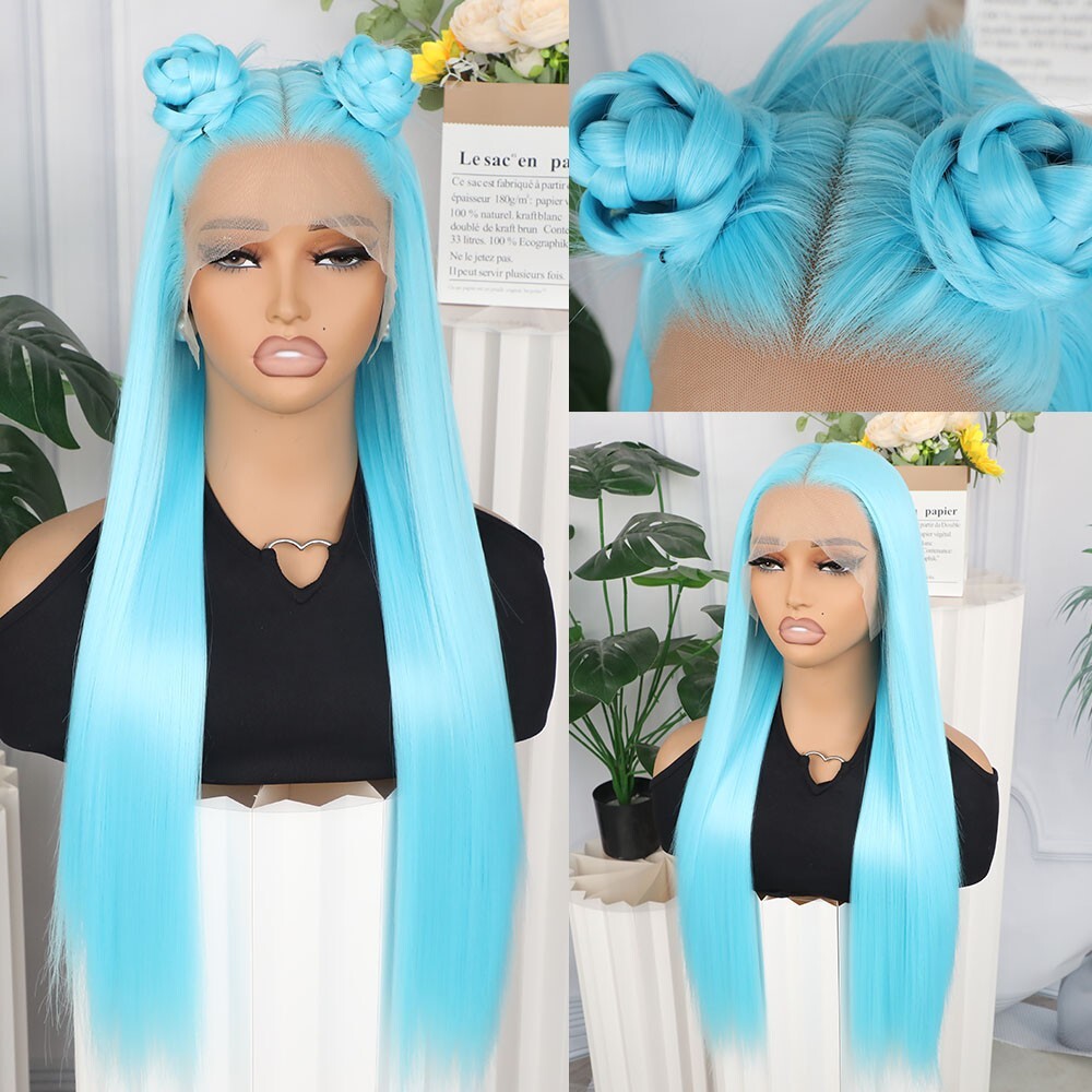 Light Blue Hair Lace Front Wigs Synthetic Pre Plucked Heat Resistant Women Party