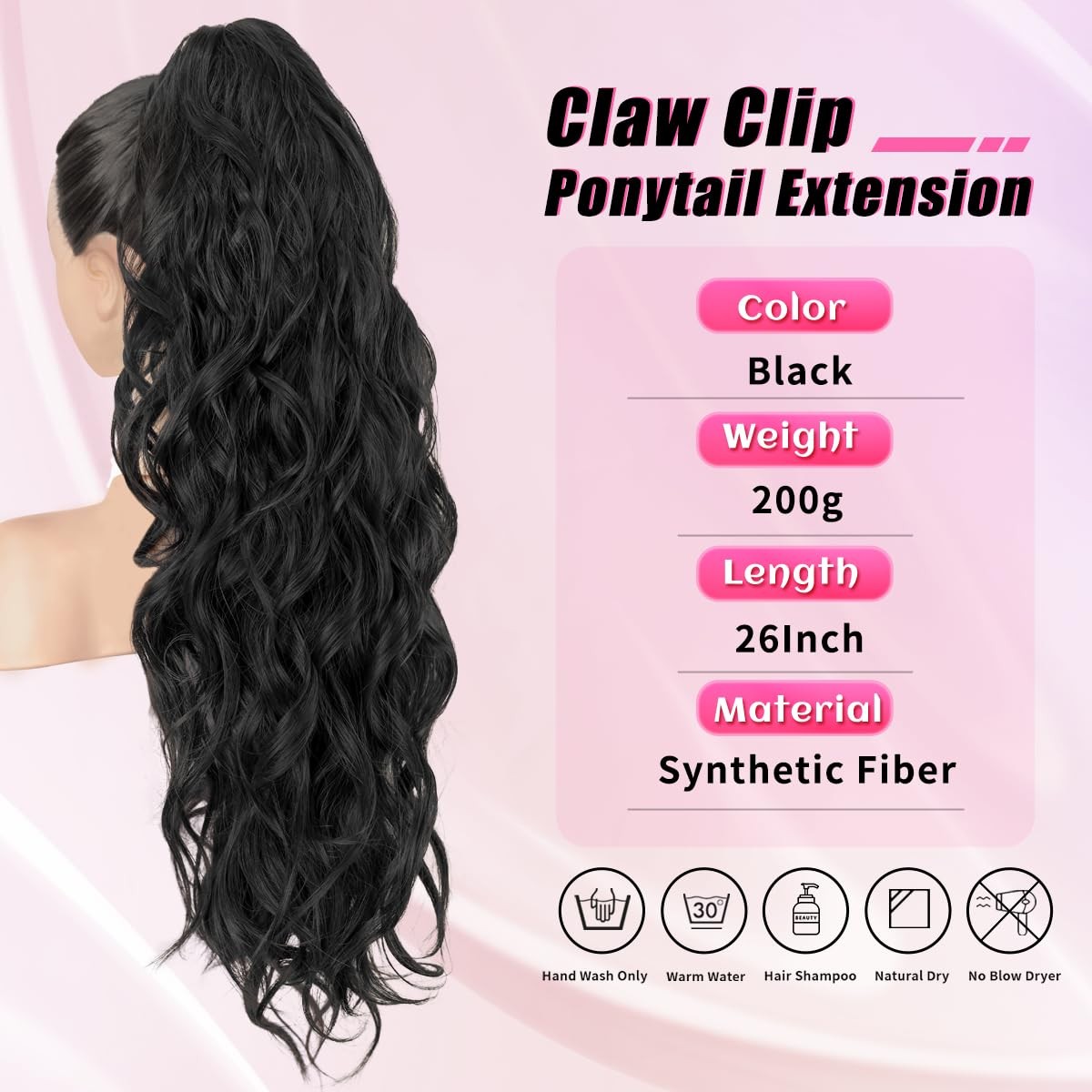 Ponytail Extension 26 Inch Wavy 200g Claw Clip Black – Easy to Wear Daily