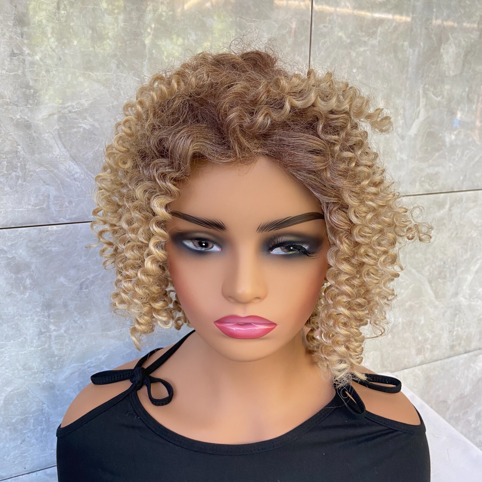Short Kinky Curly Rooted Blonde Mix Human Hair Blend Heat Ok Wigs Women Soft