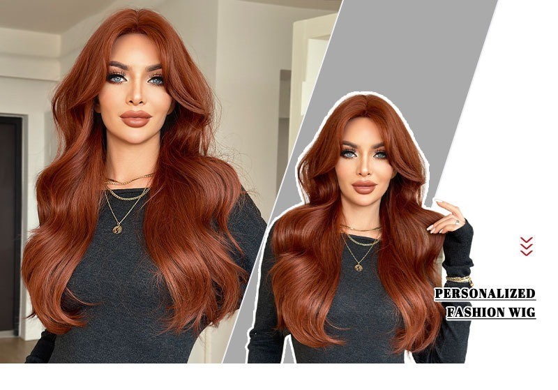 Wig with orange-red curly bangs long hair big waves fluffy texture