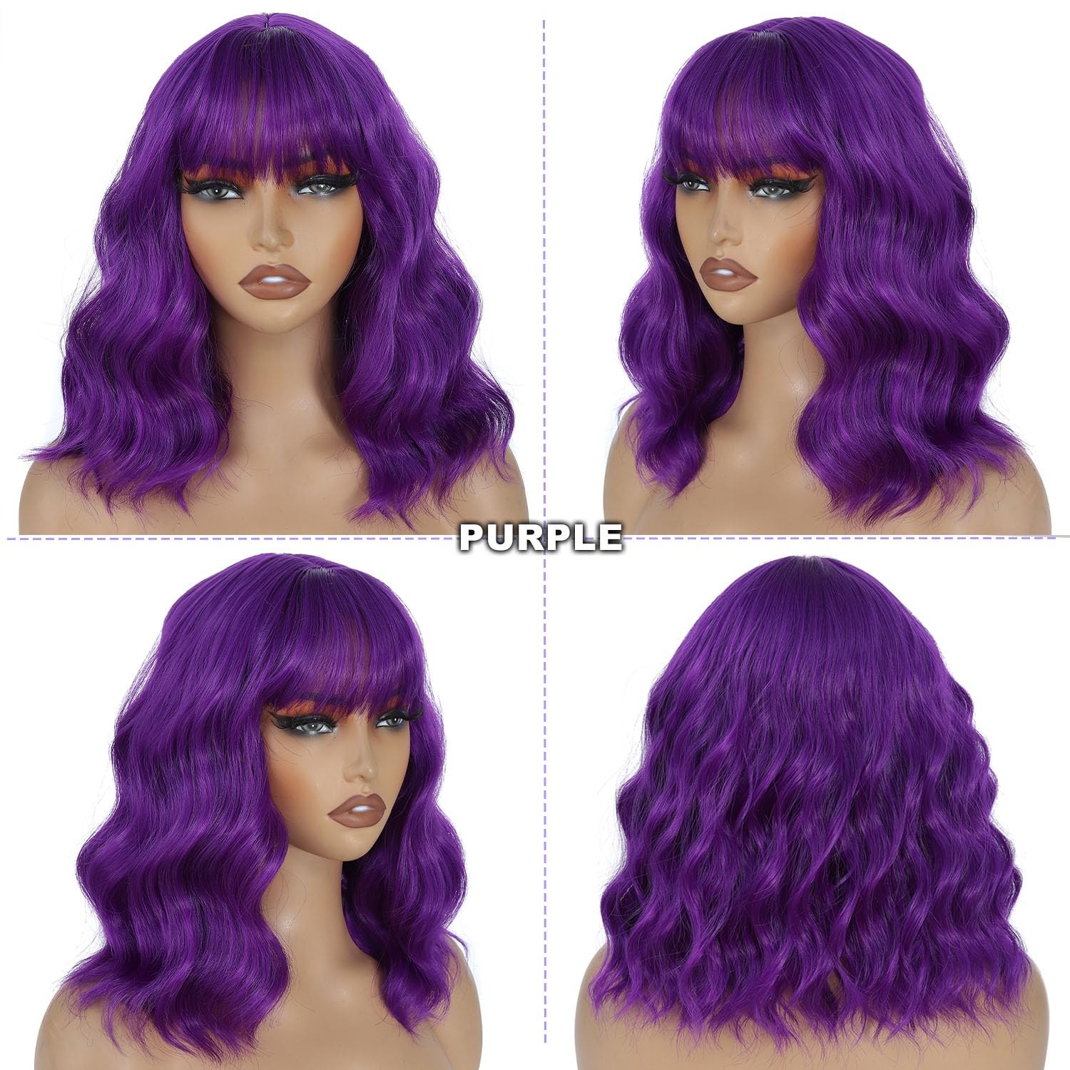 Amarlis Short Bob Wig Dark Purple Synthetic Wavy Wigs Bangs For Women – Cosplay