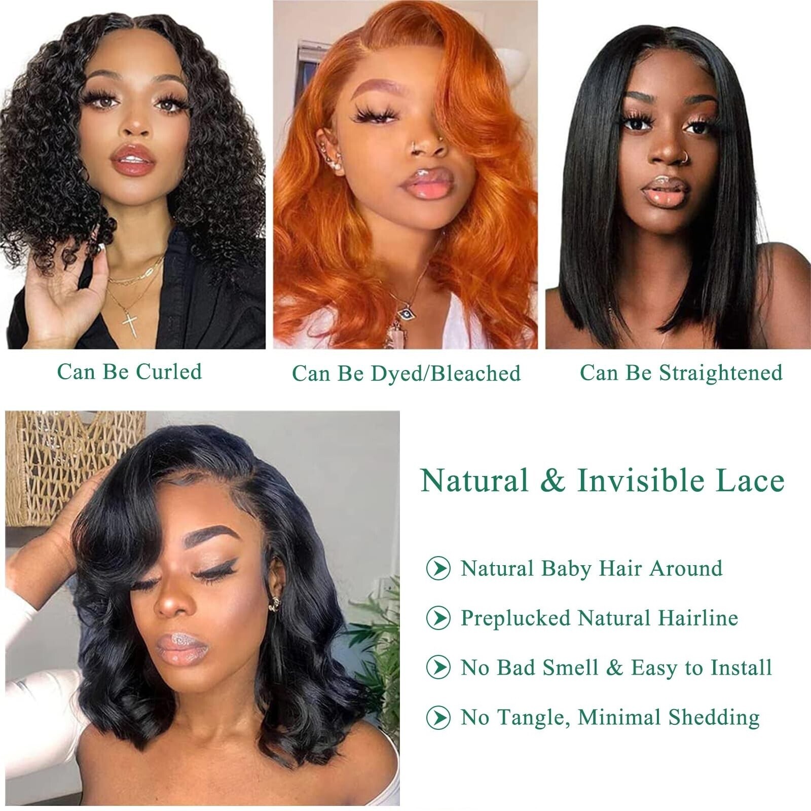14″ Lace Front Bob Wig Black Natural Hair Body Wave Women Pre Plucked Wigs USA