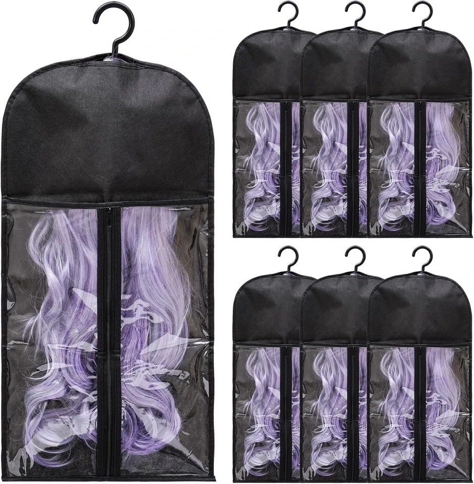 6-Pack Hair Extension Holder – Wig Storage Bags with Hanger for Multiple Wigs, D