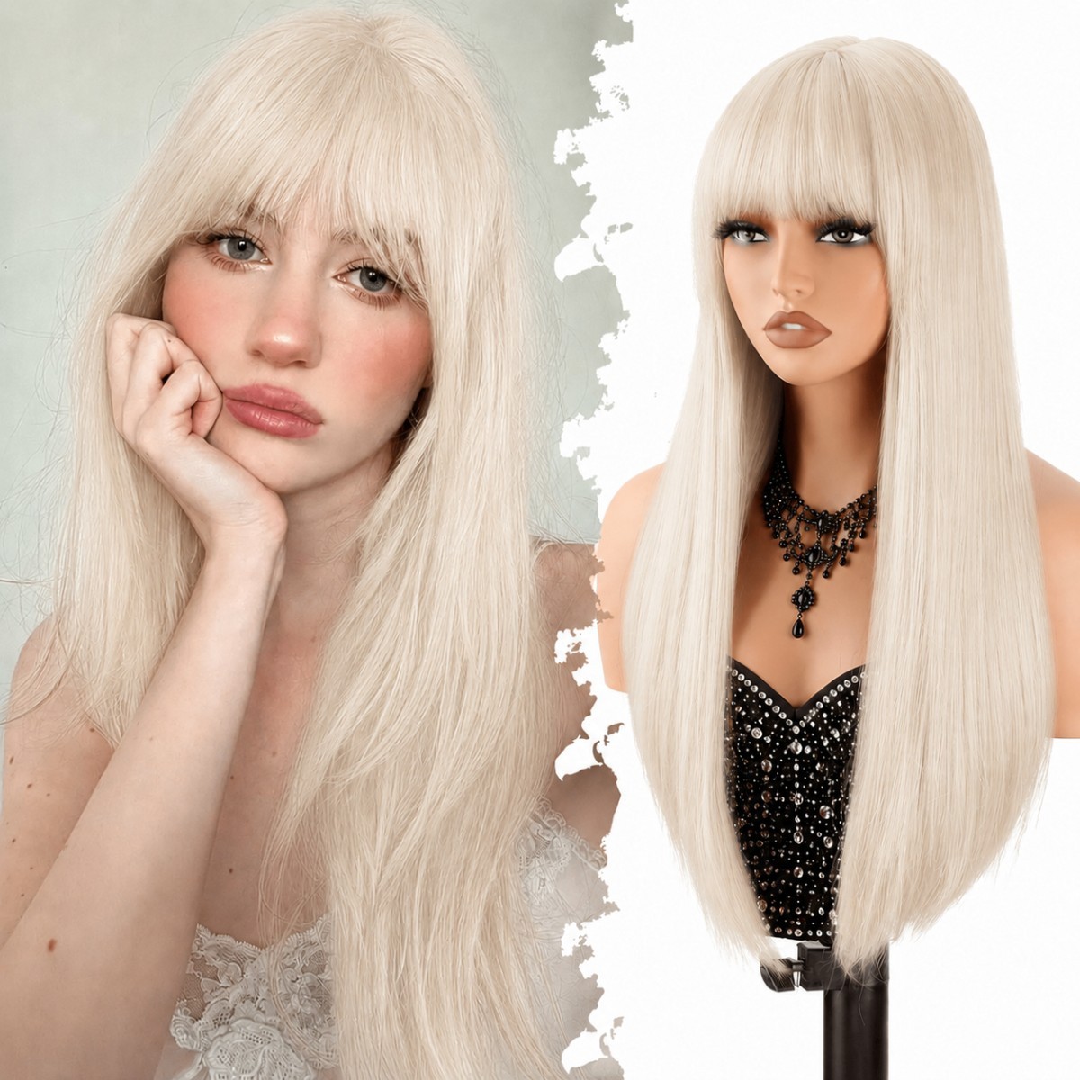 Platinum blonde Long Straight Costume Wig With Bangs Heat Resistant Hair