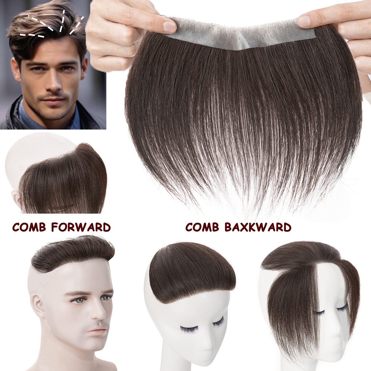 Unisex Toupee Thin Skin Hairpiece Human Hair System Replacement Forehead Topper