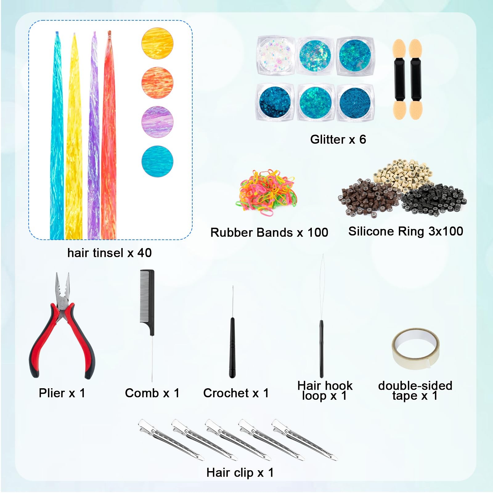 Hair Extension Tools Kit,300 Pcs Silicone Lined Micro Links Beads（3 Blue
