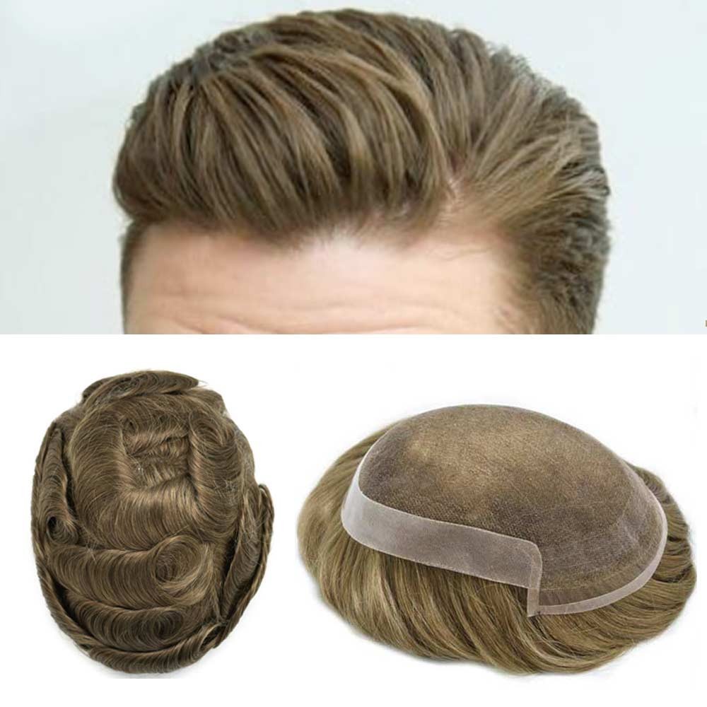 Men Human Hair Replacement Systems French Lace Front Poly Thin Toupee Hairpiece