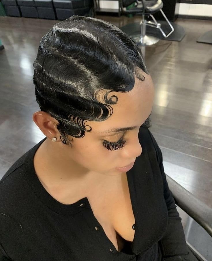 Black Finger Wave Human Hair Wig 4Inch Short Pixie Cut Wigs Brazilian Virgin Hum
