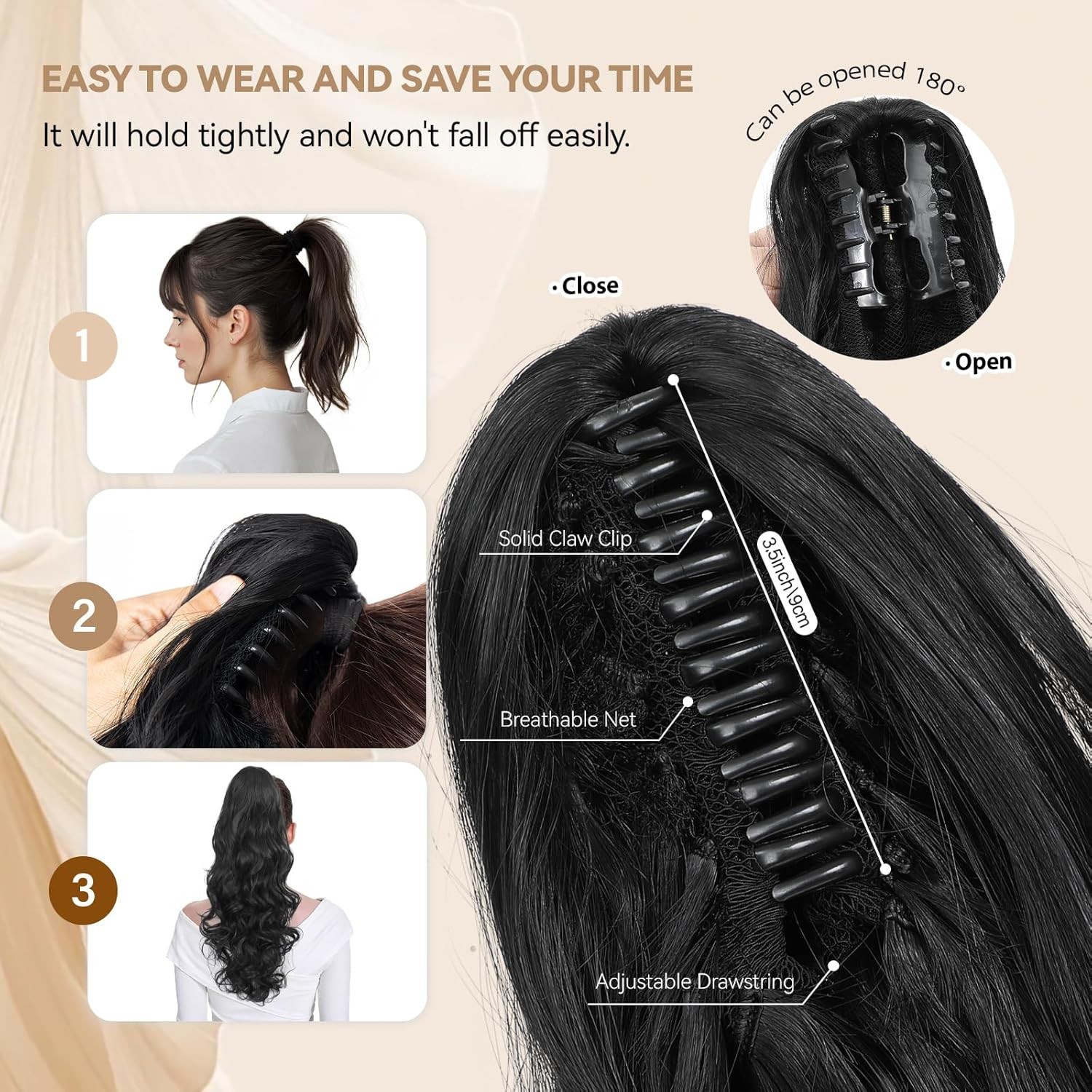 24″ Ponytail Extension, Long Curly Wavy Claw Clip and Natural-Looking Synthetic