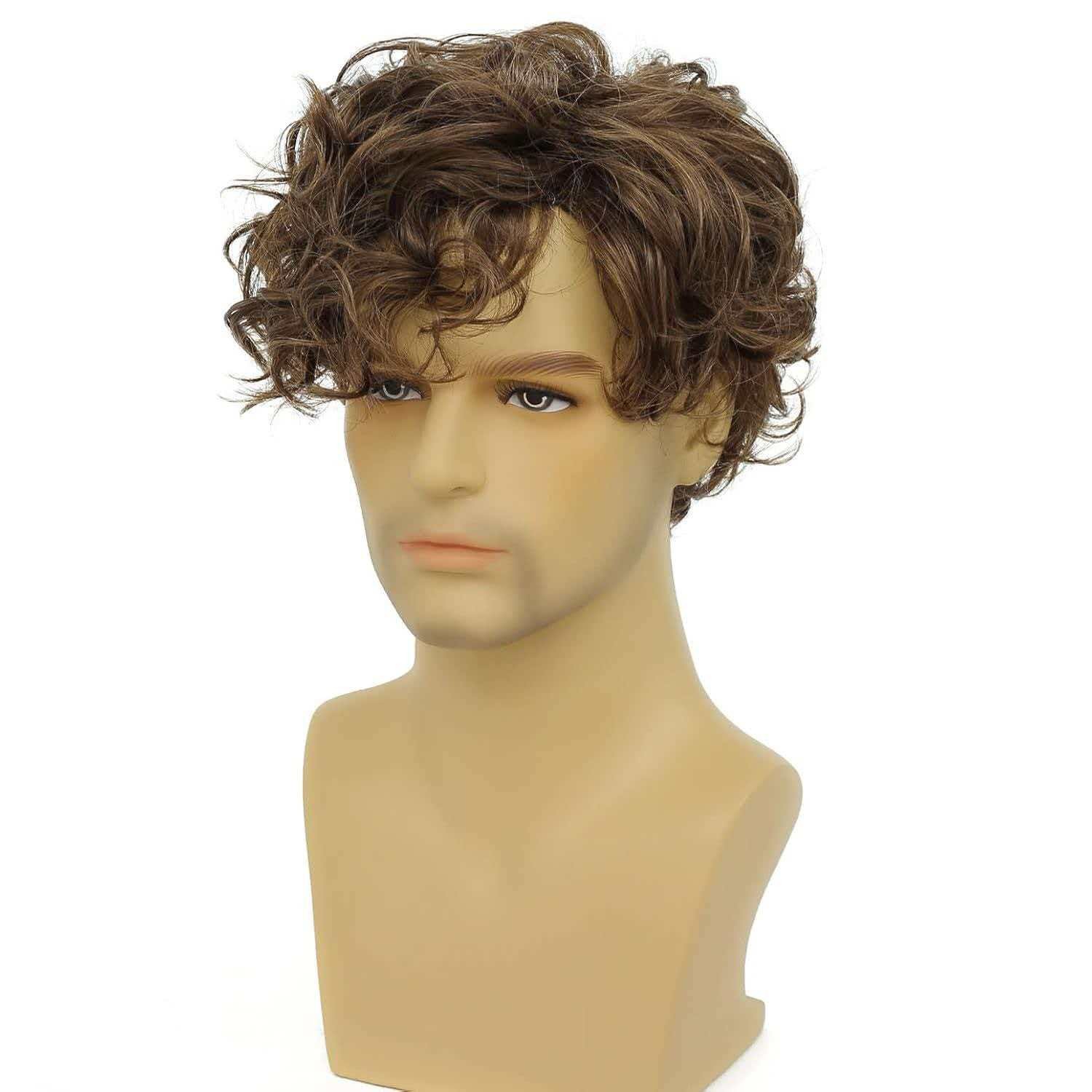 Men’s 6in Short Brown Wavy Wig Full Cosplay Synthetic Heat Resistant Party