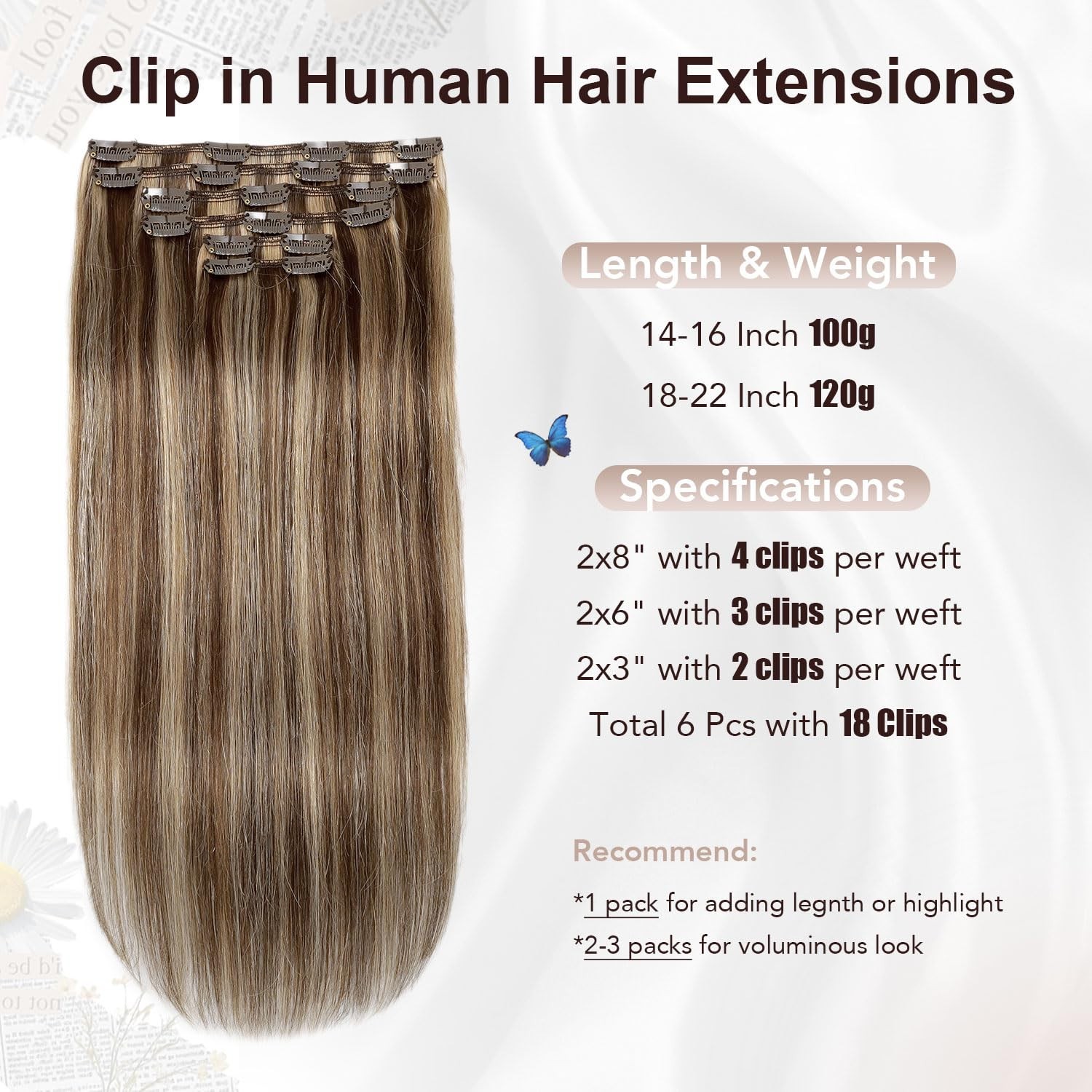 20″ Clip In Hair Extensions Remy Human Hair 120g Medium Brown to Caramel Blonde