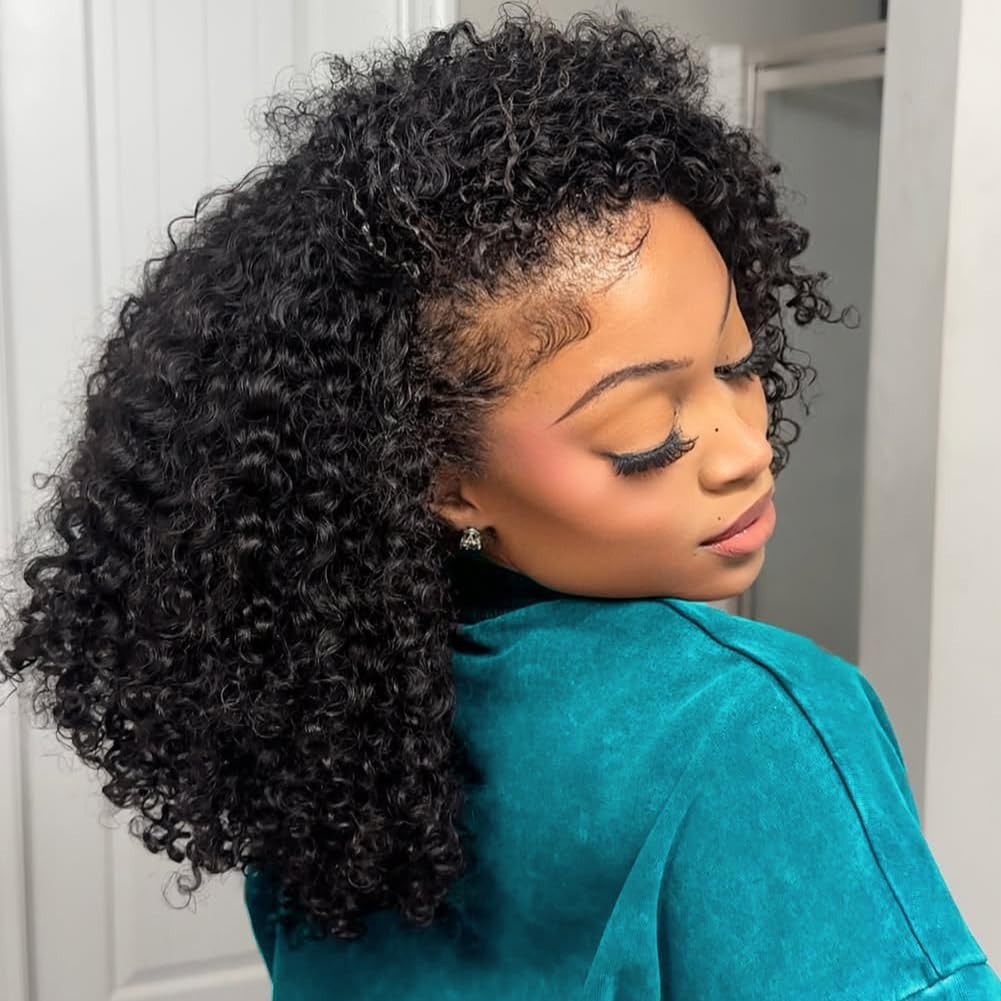 Kinky Curly 18″ Half Wig – 200 Density Drawstring Seamless Glueless Wig for Wome