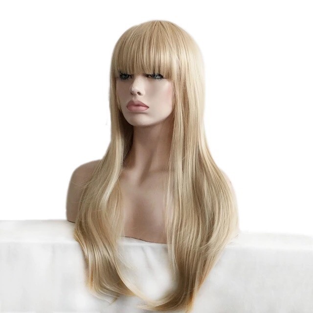 Custom Natural Light Blonde Full Straight Bangs Highlights Layer Wavy Womens Wig