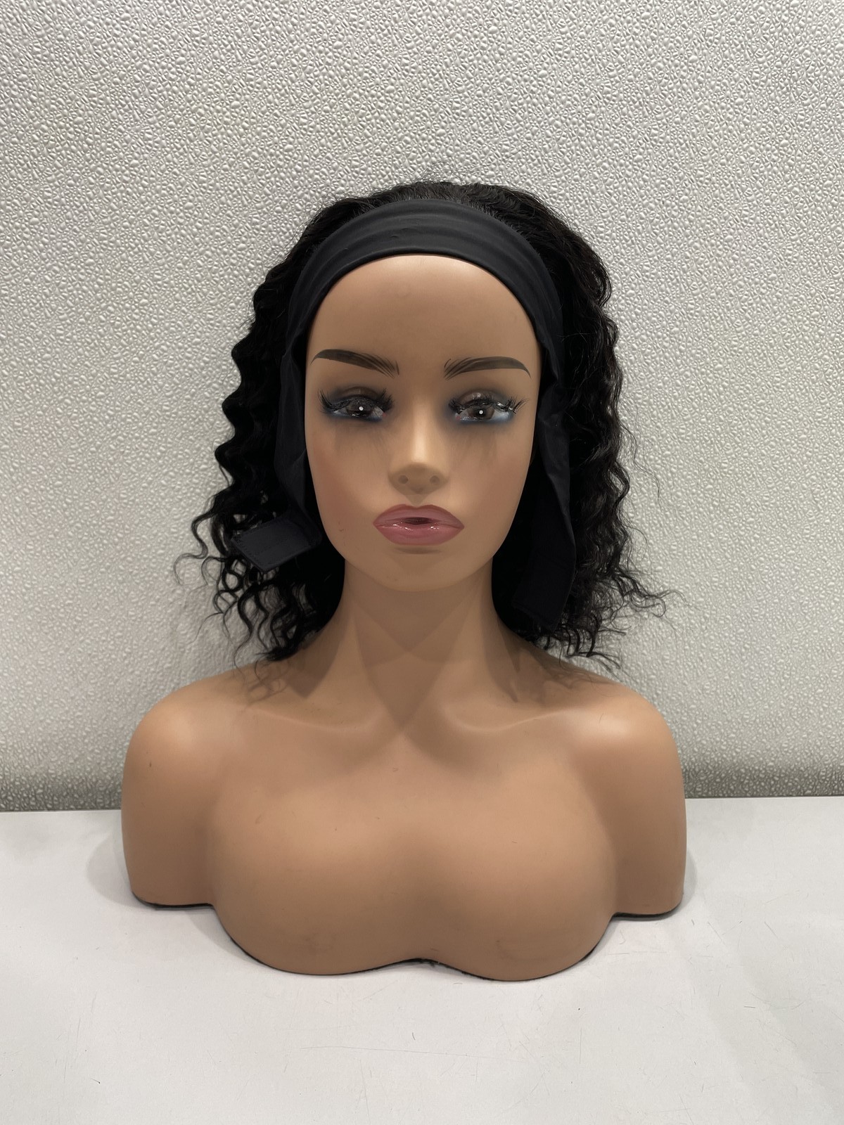 Wenyan Natural Black Deep Wave Human Hair Headband Glueless Wig, 12″