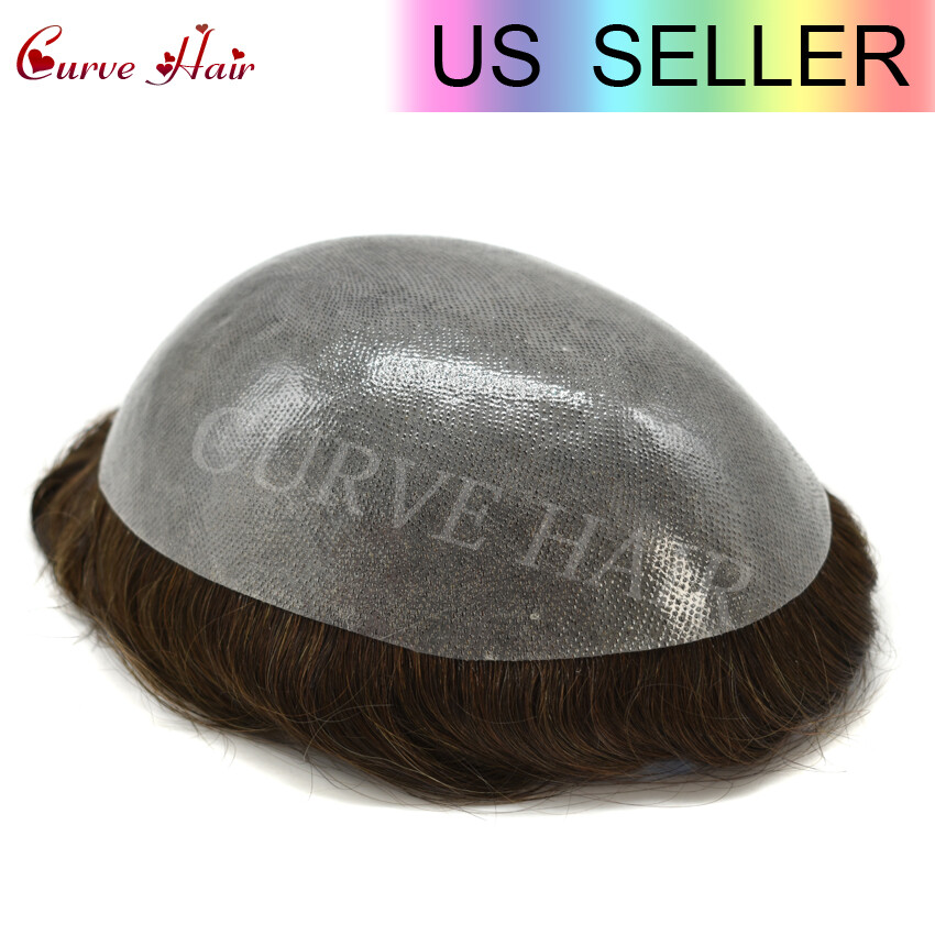 US Mens Toupee Human Hair Piece Full Poly Thin Skin Men Hair Replacement Systems