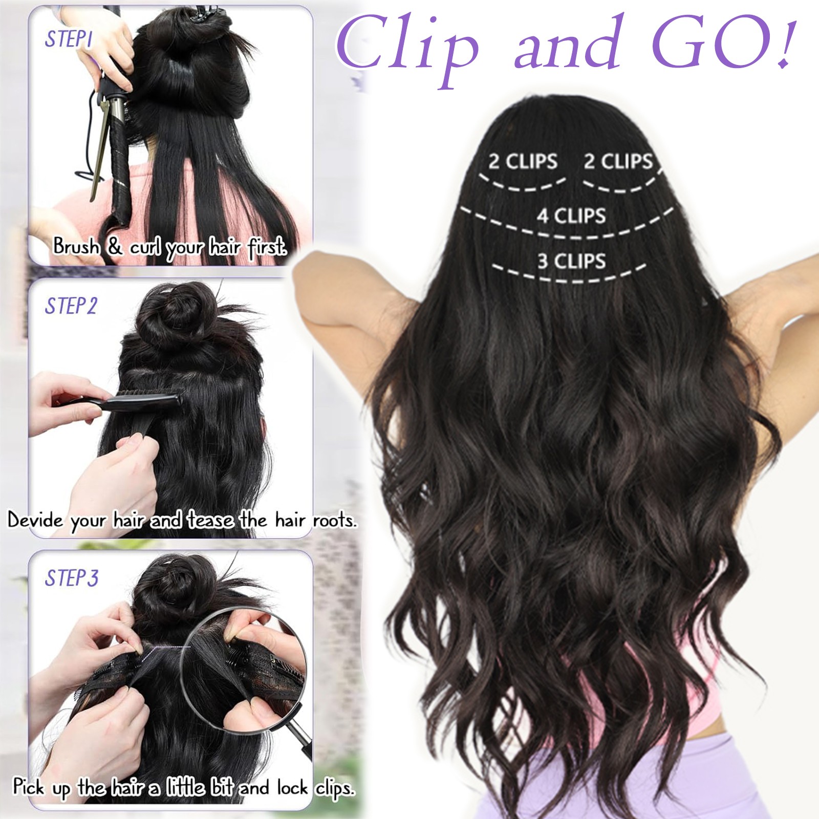 Long Curly Wavy 4PCS Clip in as Human Hair Extensions Natural THICK Balayage USA