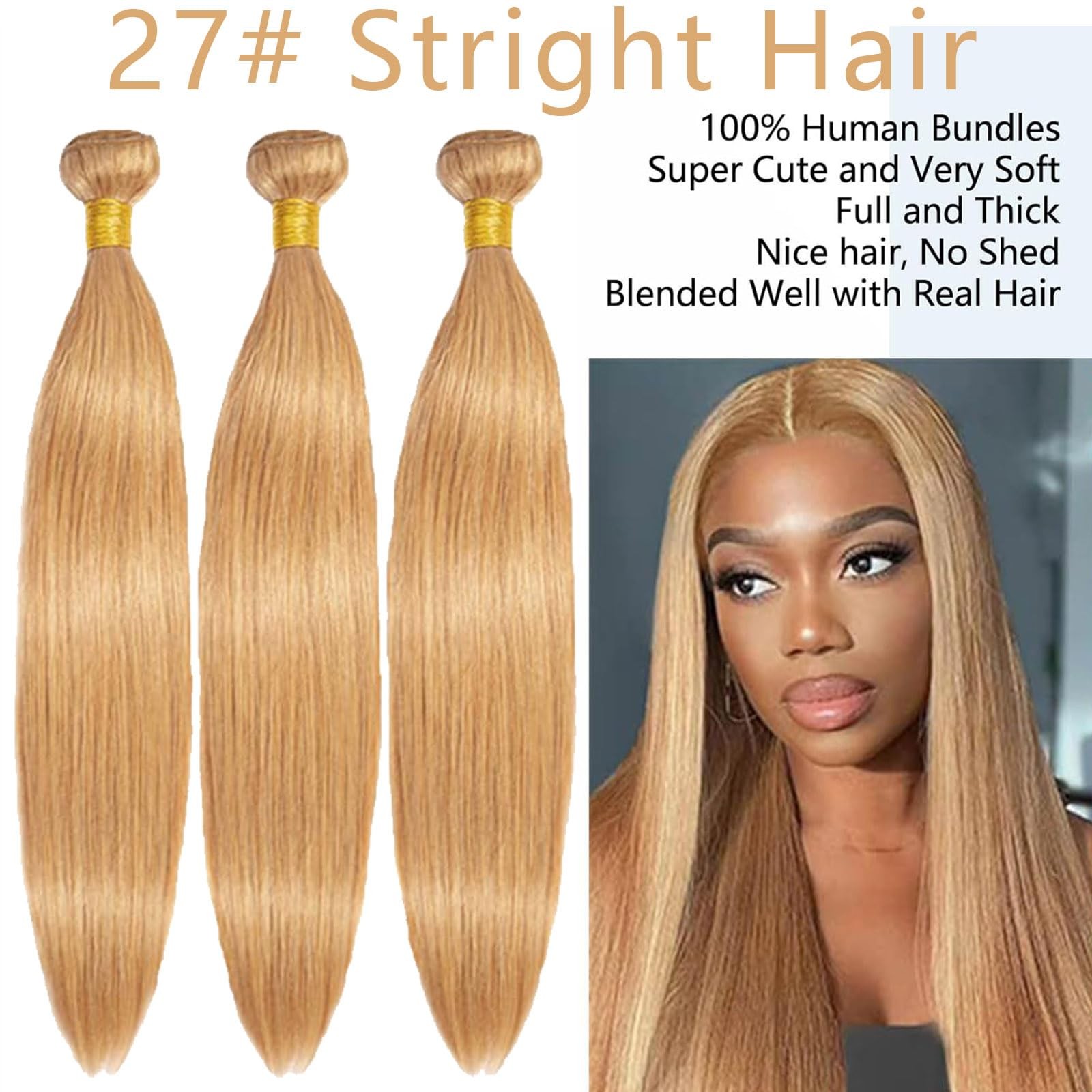 Fabimiya 8 10 12 Inch Human Hair Bundles Honey Blonde 27 Straight Bundles Human