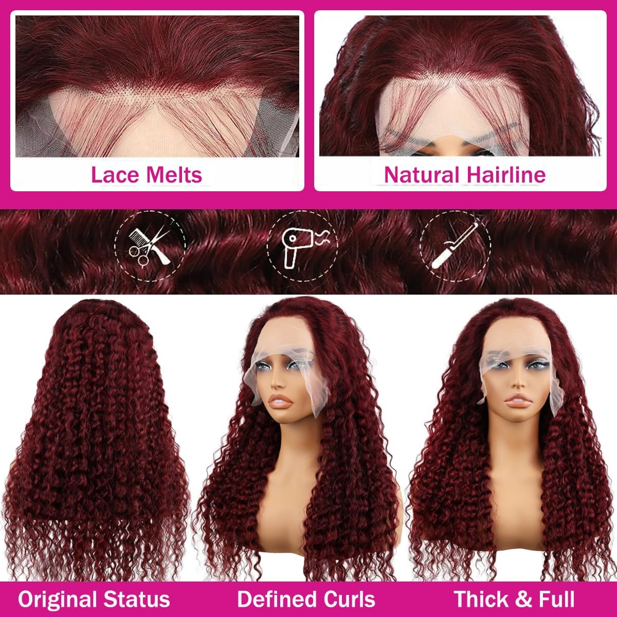 200% Density Brazilian Virgin 5×5 Water Wave Burgundy 99J Human Hair for Women