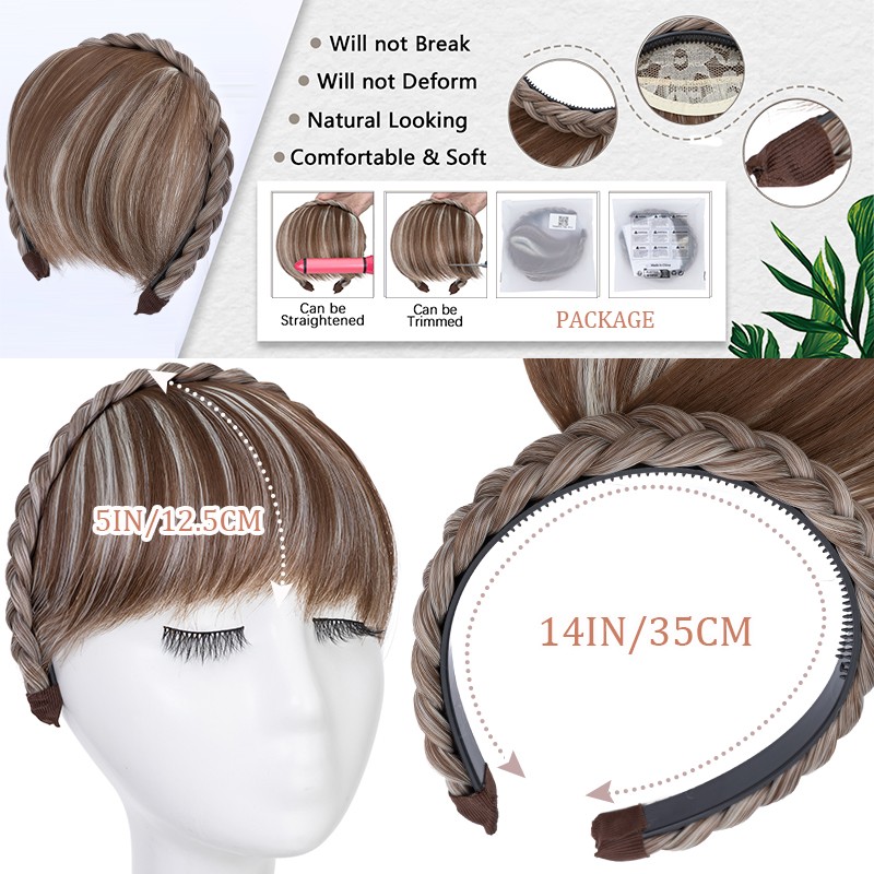 Braided Headband Topper Hairpiece Clip In Fringe with Temple Bang Hair Extension