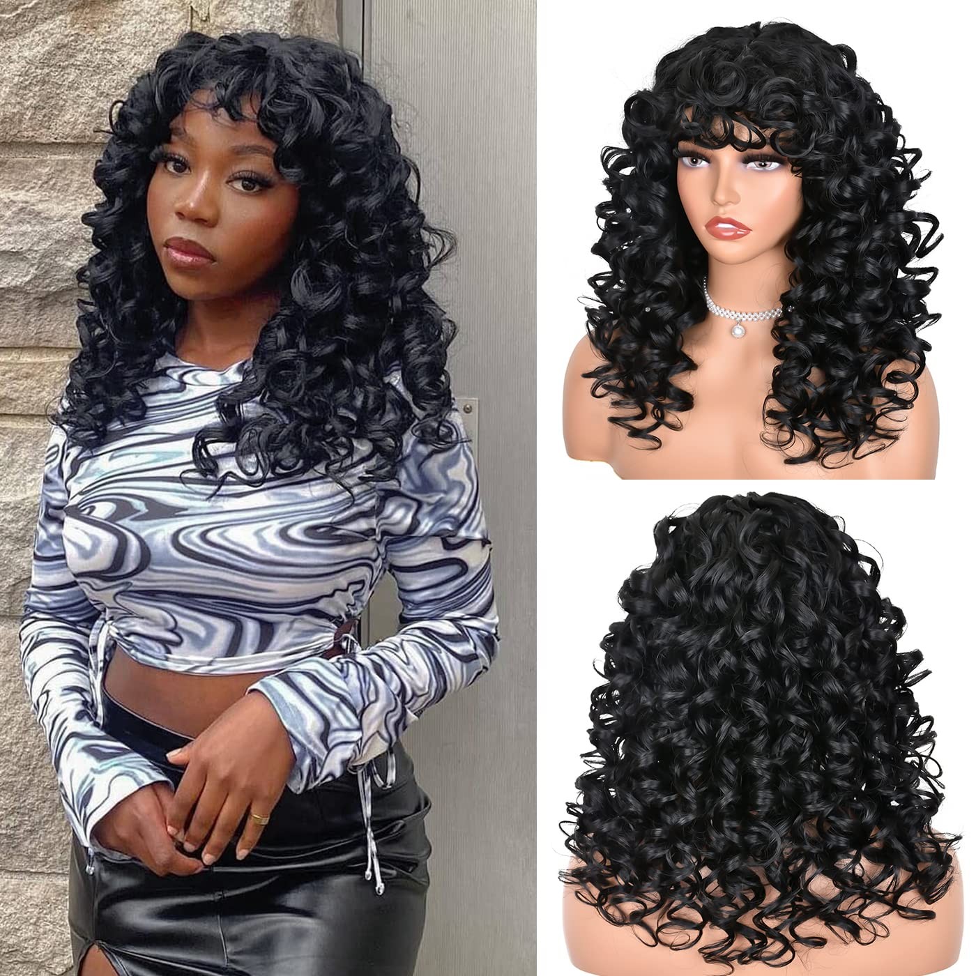 Black Curly Wigs for Black Women Long Curly Afro Wig with Bangs for Women Big…