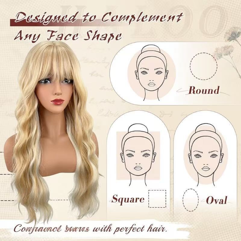 Blonde Wig Long Curly Wavy Synthetic Hair With Bangs Women Party Daily Wear