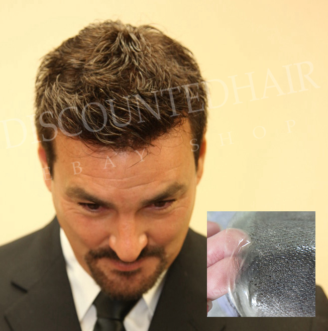 Mens Super Thin Skin Human Hair Replacement System Black Hairpiece Toupee #1B