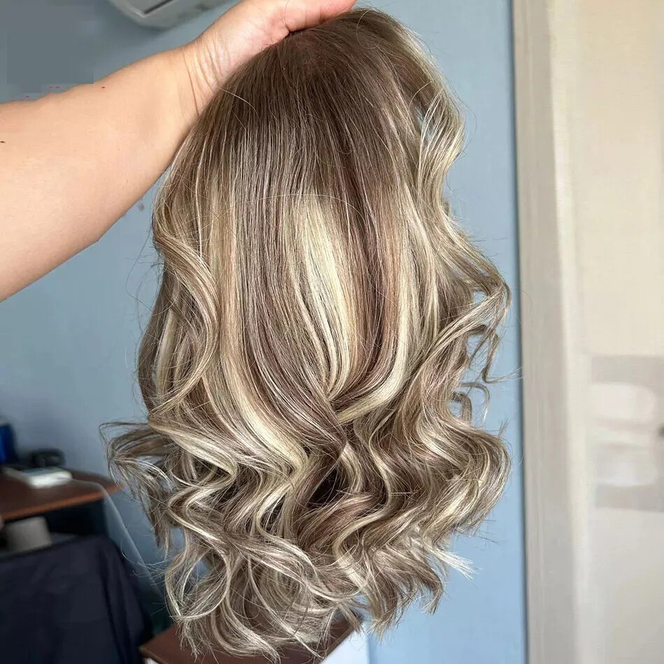 Ombre Ash Blonde Wavy Highlight 100% Human Hair Lace Front Wig For Women 12 Inch