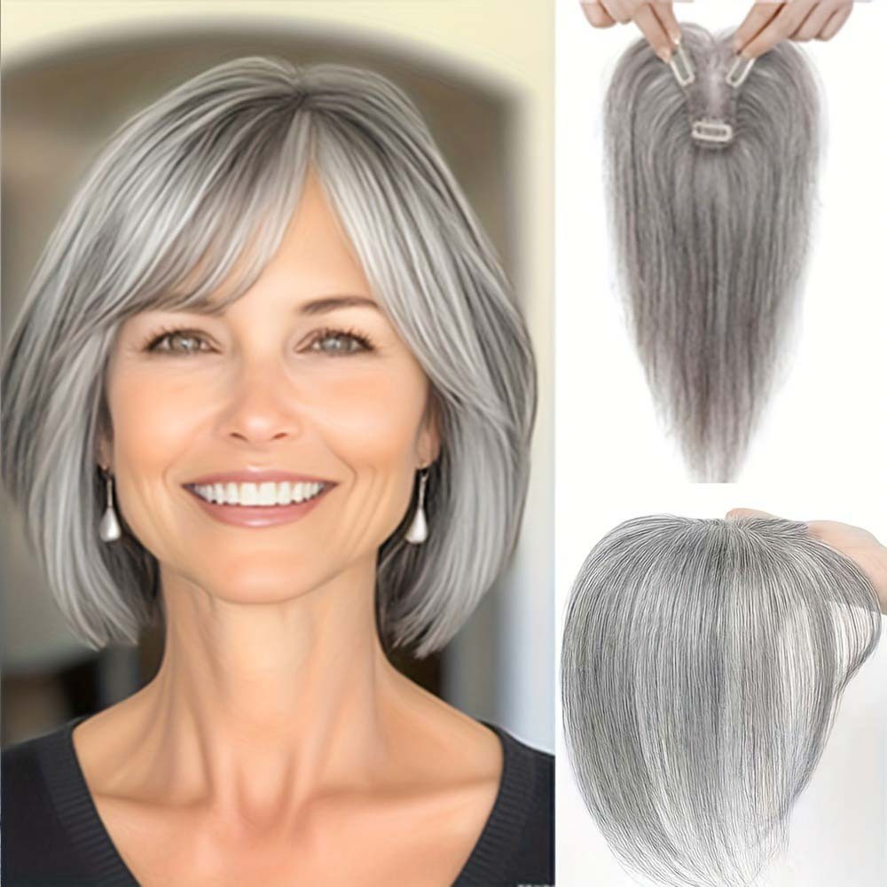 Premium Breathable Human Hair Topper with Bangs for Thinning & Gray Hair Needs