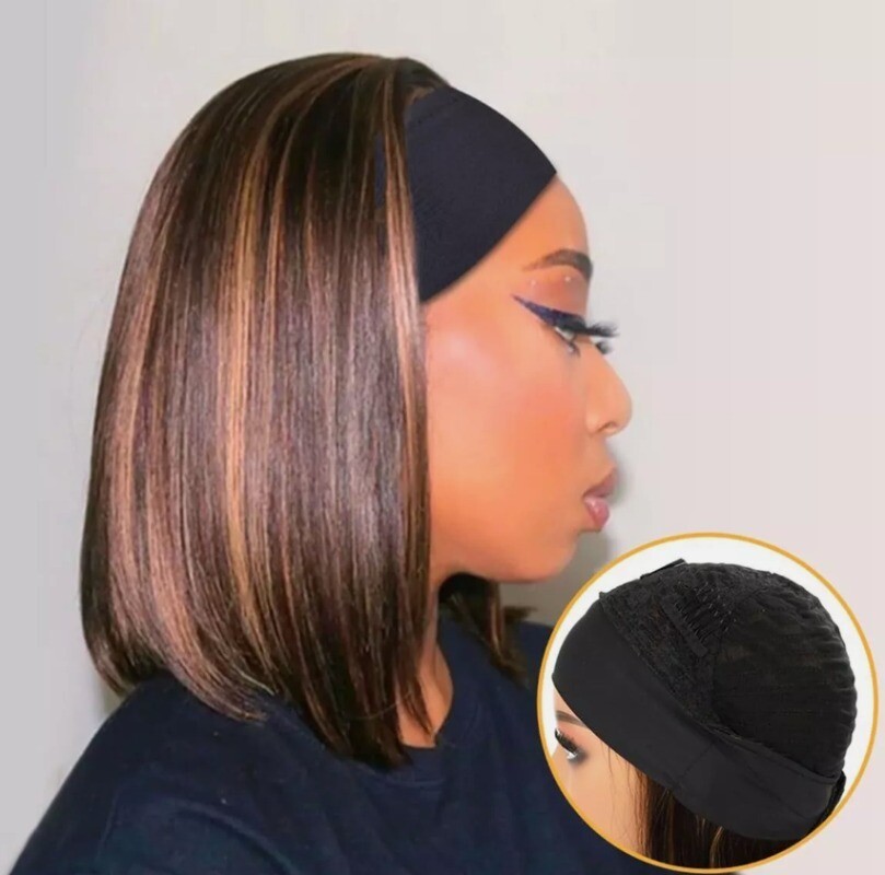 Mixed Brown Short Straight Synthetic Headband Wigs for Black Women Bob Hair Wigs
