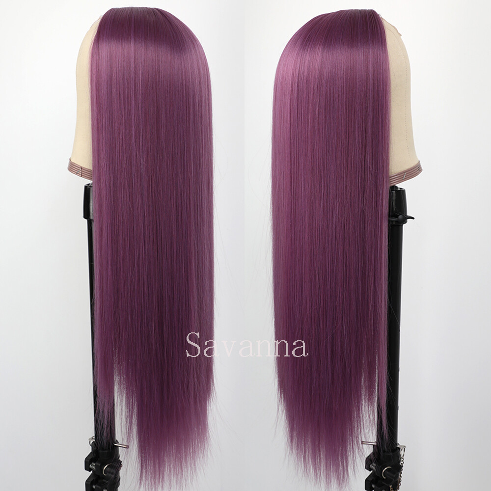 Women Long Straight Synthetic Wig Purple Hair Heat Resistant Cosplay Party Wigs