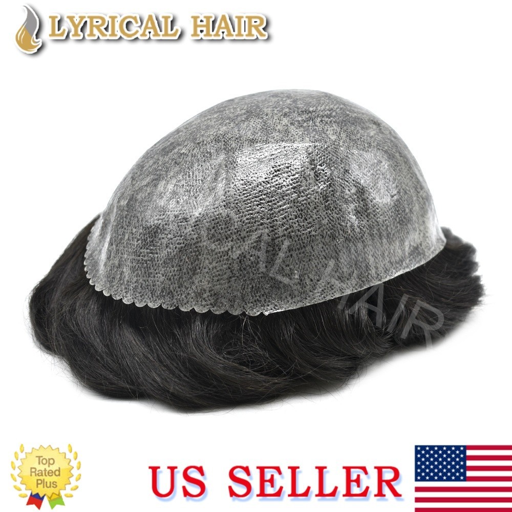 US Full PU Mens Toupee Human Hair Replacement System Durable Thin Skin Hairpiece