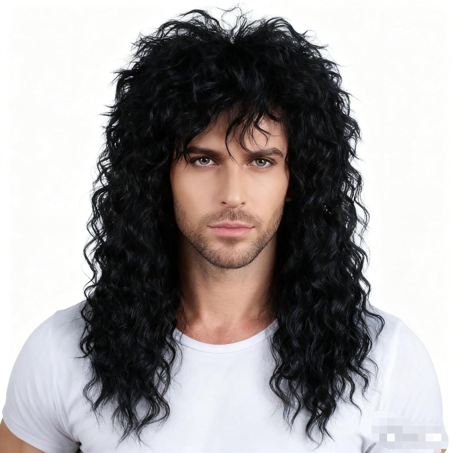 Men’s 80s Black Mullet Wigs Male Hair Punk Heavy Metal Rocker Long Curly Wig USA