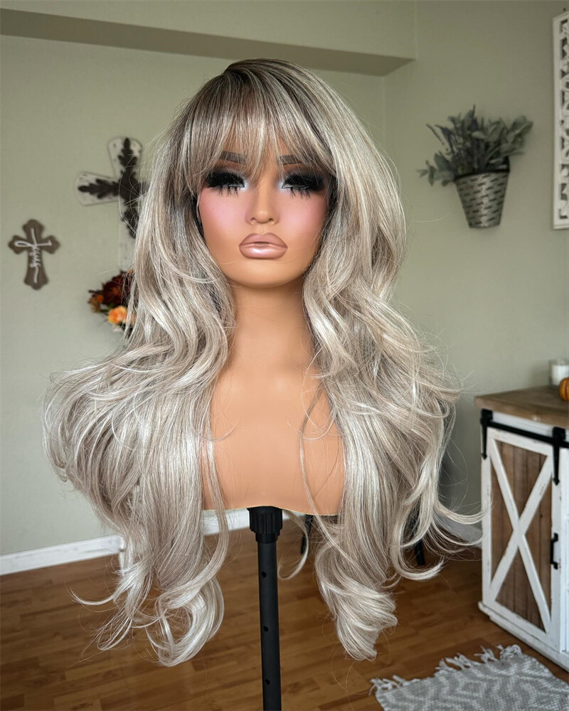 Ombre Ash Gray Blonde Wave Wig with Bangs 13×4 Lace Frontal Wigs Remy Human Hair