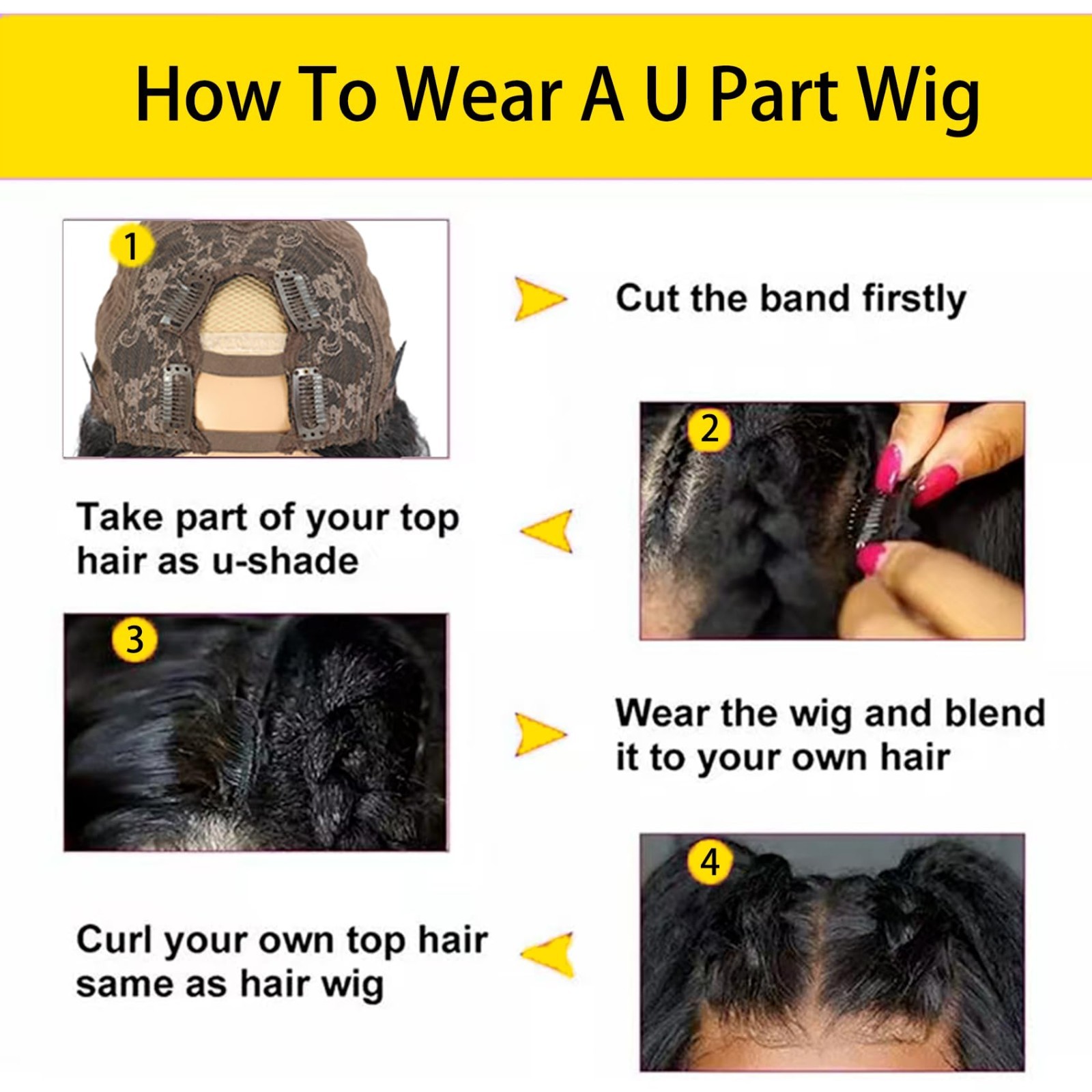 22″ U Part Human Hair Wig – Body Wave, 180% Density, Glueless Clip-In for Black