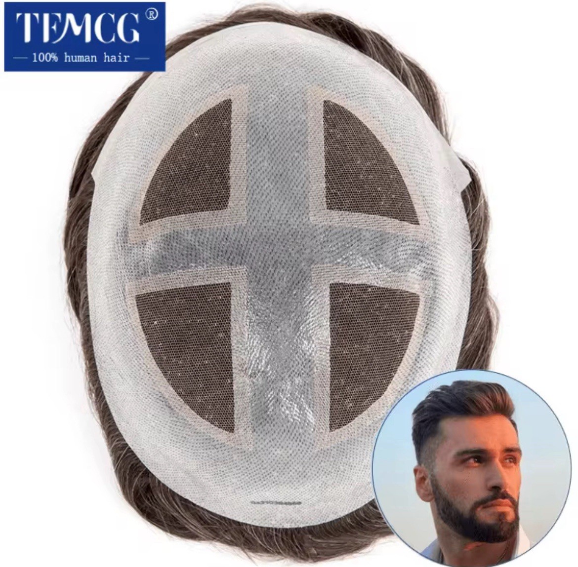 TEMCG Men’s Human Hair Toupee Hairpiece Mono Base Wavy Natural Multi Color