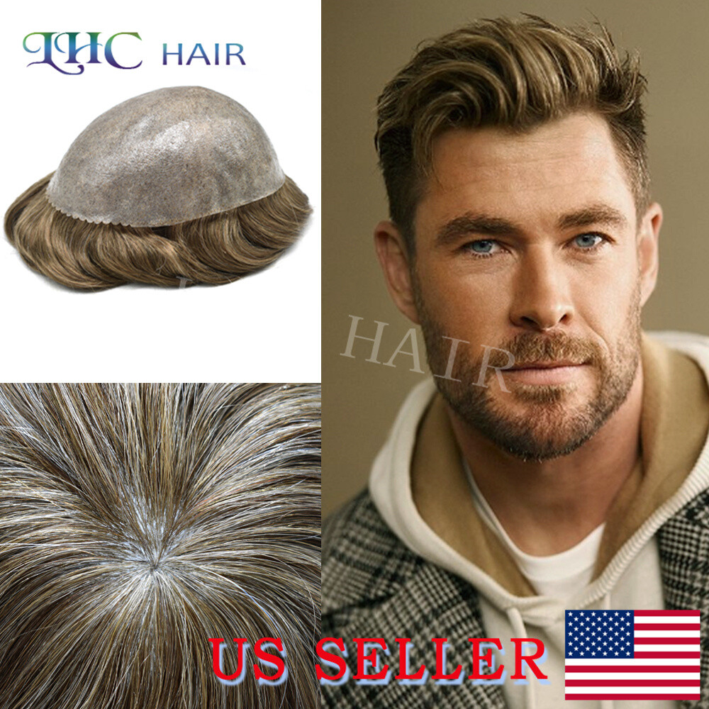 Full PU Mens Toupee Human Hair Replacement System Black Grey Brown Hairpiece Wig